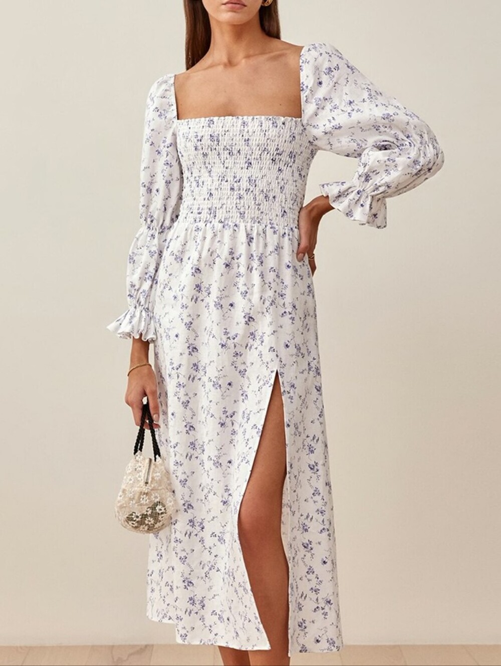 House of Harlow 1960 White Floral Smocked Midi Dress with Blue Print-S-LINEN